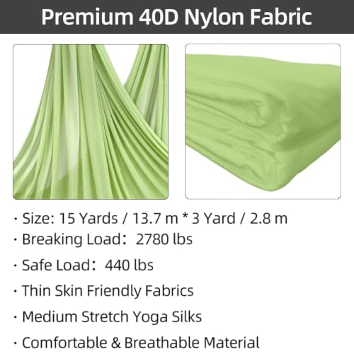 PRIOR FITNESS Aerial Silks Kit, SGS&CE Certified, 9/15/20Yards - color: Budgreen, size: M(15 Yards)
