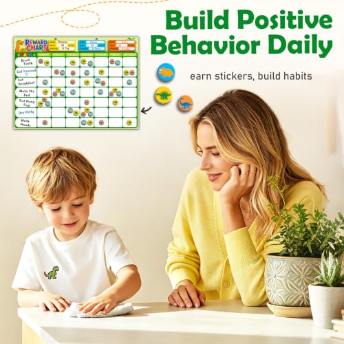 Magnetic Reward Chart for Kids, Customizable Dry Erase Weekly Chore Chart - size: 3 Kids-Dinosaurs
