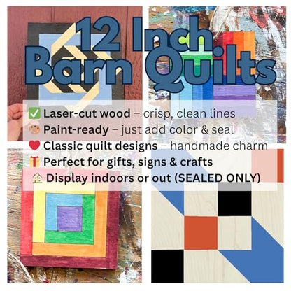 Barn Quilt DIY Kit | Unfinished Wood Quilt Block Painting Sign | Pre Drawn Paintable Wooden Country Wall Art (12 inches, Patchwork Star) - size: 12 inches