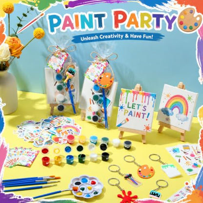 HyDren 24 Sets Kids Art Paint Party Favors 4x4 Canvas Easel Acrylic Paint | Back to School Paint Palette Brush Sticker Puffy Sticker Keychains for Adults Summer Vbs Party Supplies