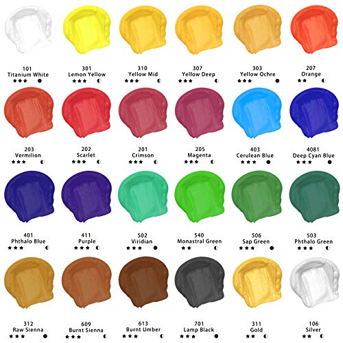 Artecho 24 PCS Paint Brushes & Professional Acrylic Paint Set, 24 Basic Colors Tubes (60ml / 2.02oz)