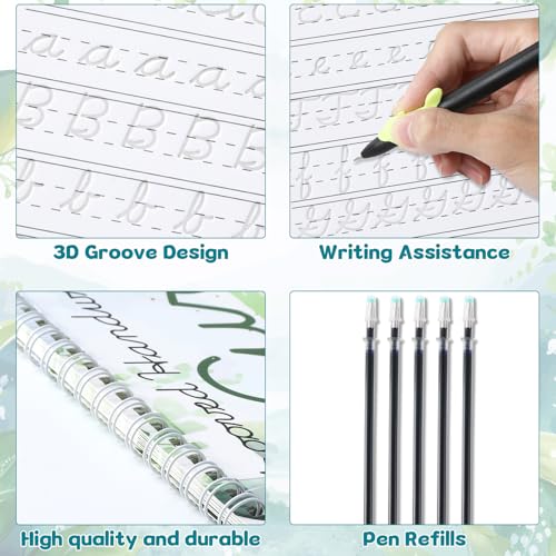 chiazllta Grooved Cursive Handwriting Workbook with Disappearing Ink Pens Magic Reusable Grooved Cursive Writing Practice for Beginners Kids Kickoff Student Workbook Homeschooling Supplies (Letters) - style: Letters