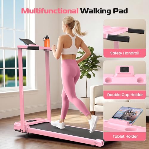 ANCHEER Walking Pad with Handle Bar, 12% Incline, Foldable Treadmill - color: Pink