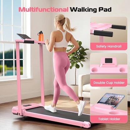ANCHEER Walking Pad with Handle Bar, 12% Incline, Foldable Treadmill - color: Pink