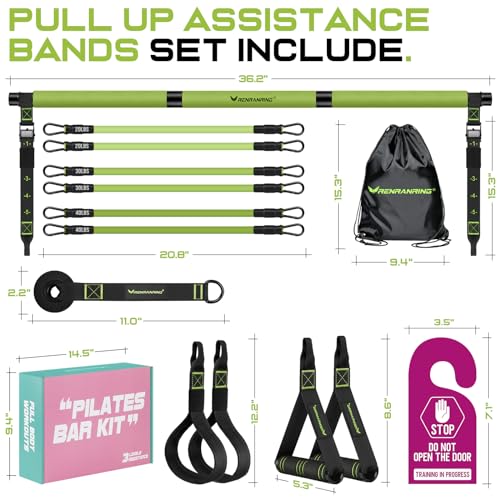 Pilates Bar Kit with 6 Latex Resistance Bands, Adjustable Exercise Bar - color: Green