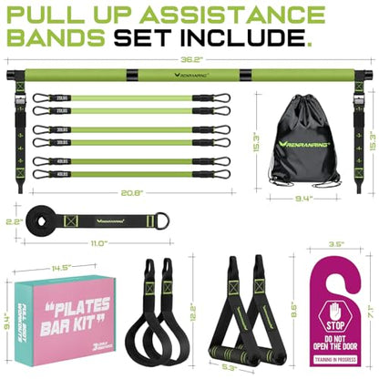 Pilates Bar Kit with 6 Latex Resistance Bands, Adjustable Exercise Bar - color: Green