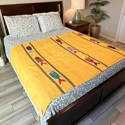 Open Road Goods Thick Mexican Yoga Blanket - Serape Fish Design - Handmade (Yellow) - color: Yellow
