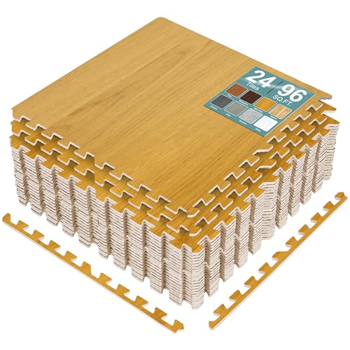 Sorbus Interlocking Wood Grain Foam Floor Tiles (24 Pack, Light Grain) | 3/8-inch EVA floor mats create cushioned foam flooring for playrooms, basements, apartments, trade shows and baby spaces. - color: Light Grain, size: 24 Pack