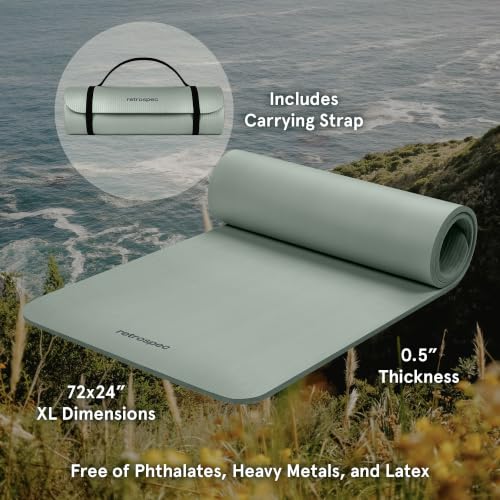 Retrospec Solana Yoga Mat Thick 1/2in Non-Slip Workout Mat with Nylon Strap - 72x24in Exercise Mat for Pilates, Stretching & Fitness - BPA Free, Easy Clean - color: Sage