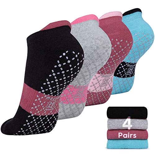 unenow Unisex Non Slip Grip Socks for Yoga Pilates Barre Home & Hospital - color: 4 Pairs-black/Light Grey/Bean Red/Light Blue, size: Medium