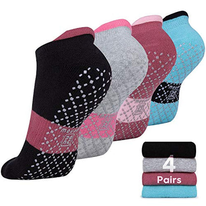 unenow Unisex Non Slip Grip Socks for Yoga Pilates Barre Home & Hospital - color: 4 Pairs-black/Light Grey/Bean Red/Light Blue, size: Small