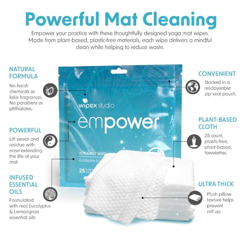 Wipex Studio Empower Yoga Mat Cleaner Wipes 25ct Zip Pack, Ultra Thick and Textured, Lemongrass Eucalyptus Scent, Natural Choice for Yoga, Pilates, or Any Movement Practice (3 Pack) - size: 25 Count (Pack of 3)