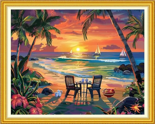 Funchey Stamped Cross Stitch Kits, DIY Cross Stitch Pattern for Adults Beginners Needlepoint Kits Embroidery Kit Arts and Crafts 11CT-Rest by the Seaside 16x20 inch - color: Handicraft patterns40