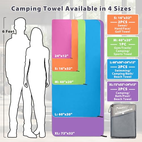 SYOURSELF 2 Pack Microfiber Camping Towel, Quick Dry Towel, Soft Absorbent Compact Travel Gym Workout Sweat Towel for Beach Yoga Swim Travel Camping Hiking Backpack Essentials (L:60"x30"+12"x24") - color: Grey, size: L:60.00" x 30.00"+ 24.00"x12.00"