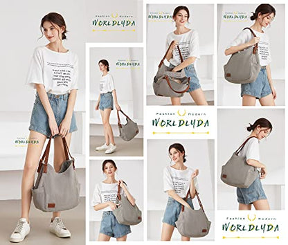 Worldlyda Women Canvas Hobo Purse Multi Pocket Tote Shopper Shoulder Bag Casual Top Handle handbag with Embroidery Ethnic - color: Be06grey