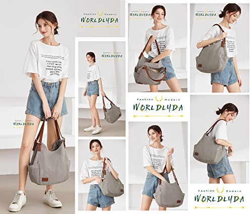 Worldlyda Women Canvas Hobo Purse Multi Pocket Tote Shopper Shoulder Bag Casual Top Handle handbag with Embroidery Ethnic - color: Be06grey