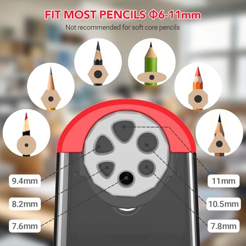 AFMAT Electric Pencil Sharpener Heavy Duty, 6 Holes, Cordless & Rechargeable, Fast Sharpen, Auto Stop, 10K+ Uses, Classroom Pencil Sharpener for 6-11mm No.2/Large/Colored Pencils PSD2(Red) - color: Red