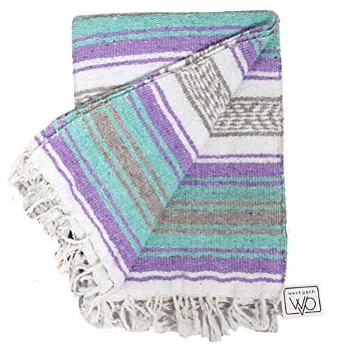 Open Road Goods Multi Color Mexican Falsa Blanket - Handwoven in Mexico - Great for The Beach, Picnics, Yoga, or a Throw! (Mint/Purple) - color: Mint/Purple