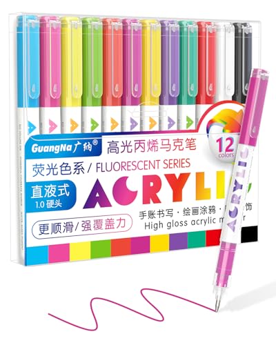 Guangna Fluorescent Acrylic Gel Pens 12 Color, Colored Pens for Journaling, Coloring Books, Calligraphy, Note Taking & DIY Crafts, RollerBall Pen Tip - color: Fluorescent