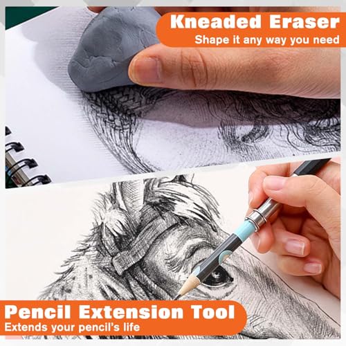 GOLD DEER 40PCS Sketch Drawing Tools, 15 Blending Stumps Set, Pencil Extender, Eraser, 2 Sketch Wipe Scrapers, 2 Sandpaper Pencil Sharpeners & 20 Sponge Replacement Heads with Felt Bag