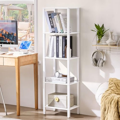 YUFAM 5 Tier Tall Narrow Bookshelf, Skinny Bookcase, Wooden Shelf, White - color: White, size: 5-Tier
