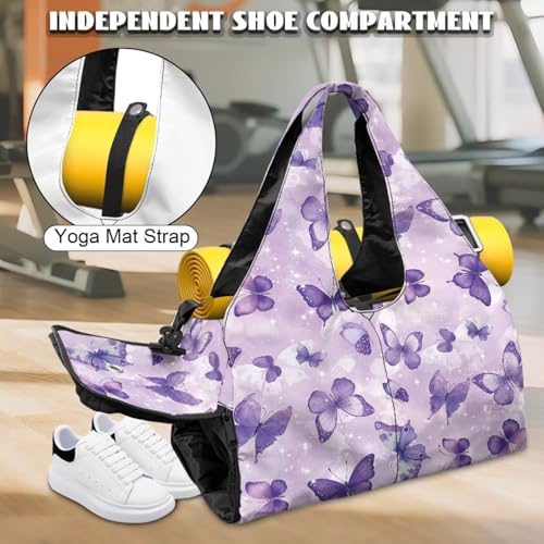 Gym Bag with Yoga Mat Holder Large Tote Bag With Multi Pockets for Women Men Dry Wet Separated Pocket Carryall Yoga Tote Bag for Pilates Travel Workout Office - color: Purple Butterfly