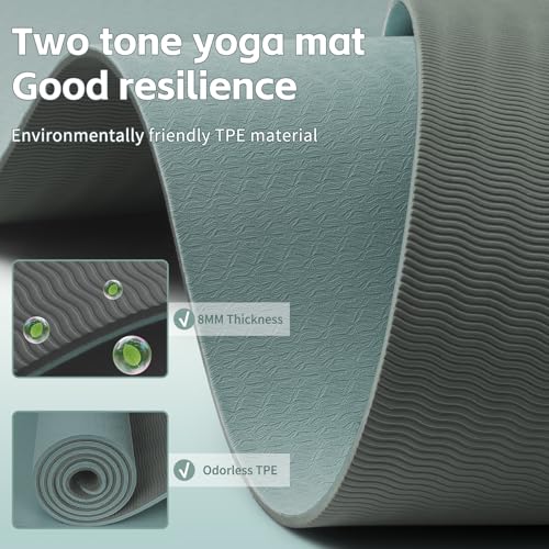 PAIDU Yoga Mat 8mm TPE Non‑Slip Fitness Mat with Strap for Home Workouts - color: 딥그린 & 그레이