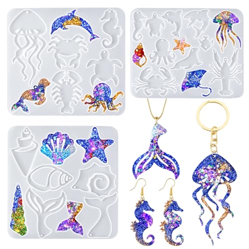 YODOYO Resin Earring Molds 3pcs Ocean Marine Life Jewelry Resin Molds | Jellyfish Shell Starfish Earrings Keychain Silicone Molds for Epoxy UV Resin Necklaces Pendant Jewelry Making Mold