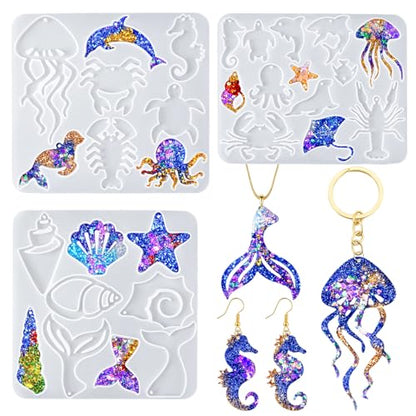 YODOYO Resin Earring Molds 3pcs Ocean Marine Life Jewelry Resin Molds | Jellyfish Shell Starfish Earrings Keychain Silicone Molds for Epoxy UV Resin Necklaces Pendant Jewelry Making Mold