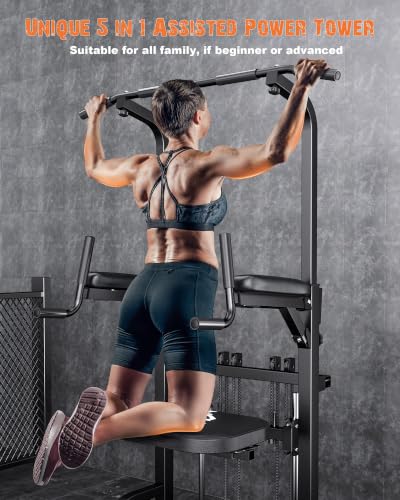 Heavy Duty Power Tower, Light Commercial Grade Steel Frame, 800 LBS Weight Capacity, Multi-Function Pull Up Bar & Dip Station with Crunch Leg Raise, Home Gym Gear for Back and Core Workout - color: Black-02