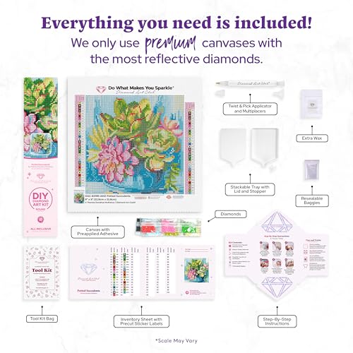 DIAMOND ART CLUB Potted Succulents Diamond Art Kits for Adults | Premium Diamond Painting Kit, Fun DIY Crafts for Adults, Round Diamond Art Canvas, 9" x 9" (22.8 x 22.8 cm) - color: Potted Succulents
