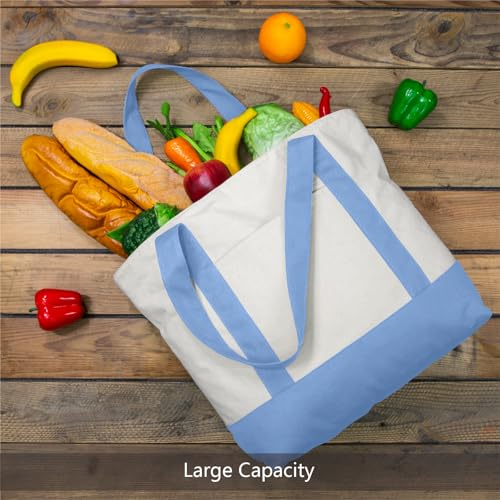 TOPDesign 1-Pack Canvas Tote Bag with an External Pocket, Reusable Grocery Shopping Bag, Top Zipper Closure, Daily Essentials (Light Blue/Natural) - color: Light Blue/Natural