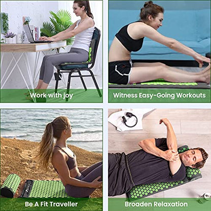 ROMIX Acupressure Mat and Pillow Set, Acupuncture Mat for Back Pain, Neck, Shoulder Pain Relief, Stress Reduction, Wellness Therapy, Cushioned Acupressure Mats with Carry Bag for Men and Women - color: Green