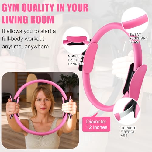 Silipull 10 Pcs Pilates Ring Blocks Set for Women Home Yoga Equipment Accessories Pilates Ring Circle and Ball Workouts Gift Include Ball Yoga Circle Resistance Bands Block Straps Gym Bag - color: Pink