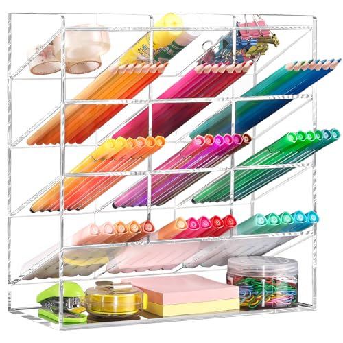 BEYGORM Acrylic Vertical Marker Organizer for 150 Markers, Desk Orgaizer | 13 Compartments Clear Angled Pen & Pencil Holder, Large Stationery & Art Supply Storage for School (10.2 x 9.8 x 4 Inch) - color: Clear, size: For 150 Markers