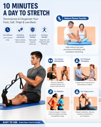 Plantar Fasciitis Stretch Strap with Foot Loop, Calf Stretcher for Achilles Tendon & Foot Pain Relief, Physical Therapy Stretching Band for Flexibility, Recovery and Rehabilitation