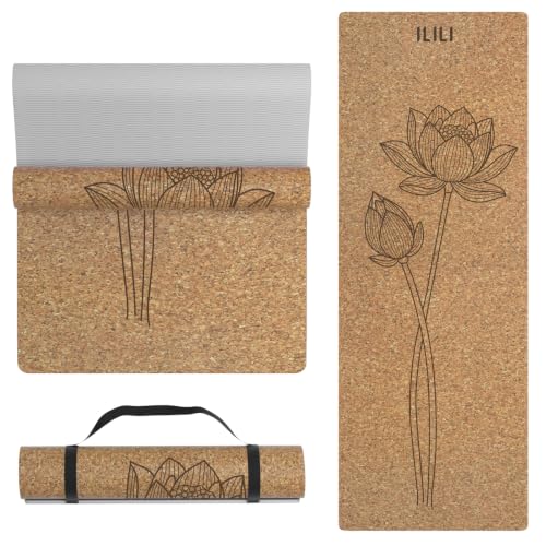 ILILI Cork Yoga Mat Eco-Friendly 1/4 Inch Thick | 72"×26" Natural Cork TPE Exercise Mat, 2 lbs Lightweight Non Slip Mat for Hot Yoga and Gym Workout, Carry Strap - color: Cork+Light Grey