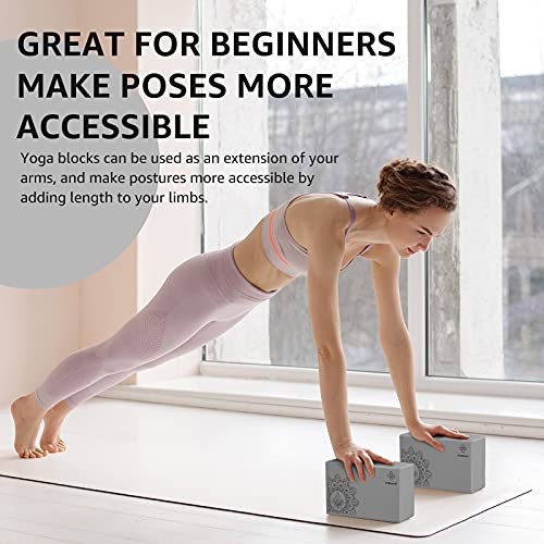 Overmont Yoga Block 2 Pack Supportive Latex-Free EVA Foam Soft Non-Slip Surface for General Fitness Pilates Stretching and Meditation 9"x6"x3" Yoga Strap Included - color: Grey
