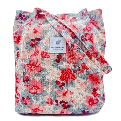 Aphoraeny Corduroy Tote Bag for Women Cute Totes Shoulder Bag with Inner Pocket for Work Beach Shopping Travel Grocery - color: Pink Roses