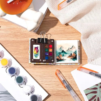 Qilery Mini Portable Watercolor Palette Set Wooden Grid Paint Box Watercolor Paper Sketch Book Brush Pens with Binder Clip for Painters Artist Not Include Paint(Winter Jasmine) - style: Winter Jasmine