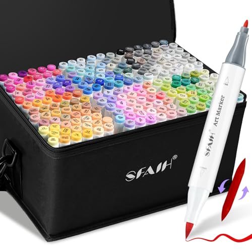 SFAIH Alcohol Markers Brush & Fine - Professional 217 Colors Set, Blending | Art Markers for Adult Coloring Illustration Sketch, Gifts for Artist, Shoulder Strap, Storage Box, Soft Reversible Brush Tip - color: 217 Colors