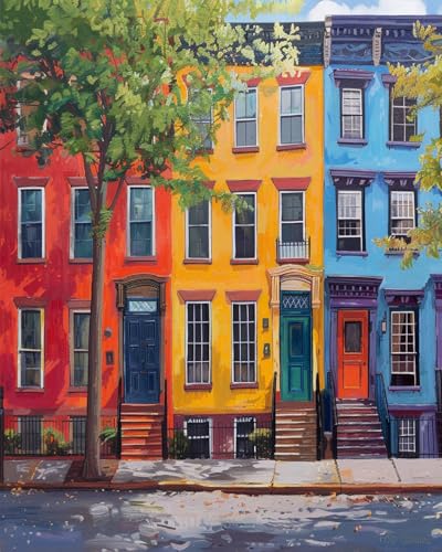 TUMOVO Paint by Numbers Kit for Adults Colorful Townhouses Canvas Art | Vibrant Street Scene Adult Paint by Number Kits, Relaxing DIY Craft for Adults, Perfect for Beginners & Home Wall Decor - color: Townhouses