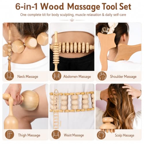 Ciieeo 6 Pcs Wood Therapy Massage Tools Set Wooden Roller Stick Massage Cups Therapy Tools for Body Shaping Office Fatigue Relief Circulation Support