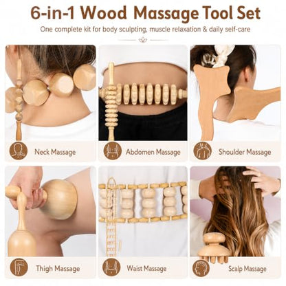Ciieeo 6 Pcs Wood Therapy Massage Tools Set Wooden Roller Stick Massage Cups Therapy Tools for Body Shaping Office Fatigue Relief Circulation Support