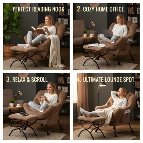 Tiita Lazy Chair with Ottoman, Comfy Reading Accent Chair, Velvet Khaki | Foldable Footrest, Padded Seat and Backrest, Side Pocket for Lounging in Living Rooms, Bedrooms, Dorms and Small Spaces - color: Khaki