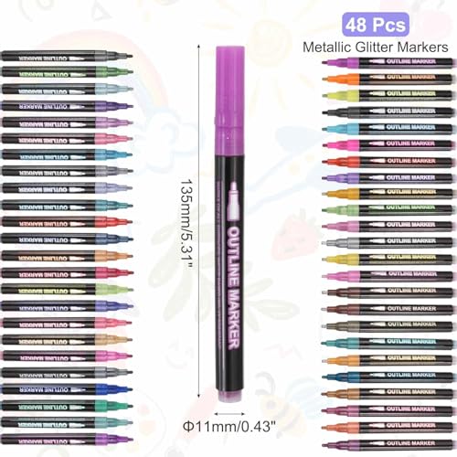 MECCANIXITY 48 Colors Double Line Out-Line Markers, Shimmer Markers Self Out-line Metallic Glitter Marker Pen Set for Scrapbook Drawing Birthday Greeting Cards Journal DIY Art Crafts