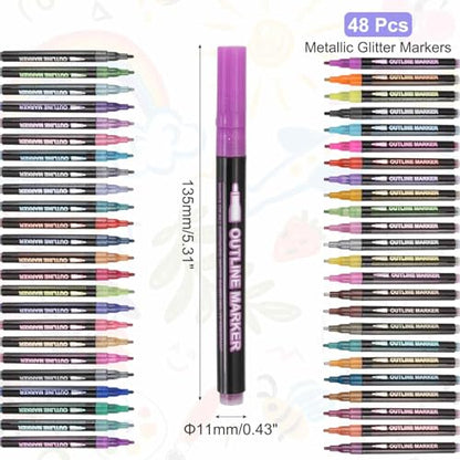 MECCANIXITY 48 Colors Double Line Out-Line Markers, Shimmer Markers Self Out-line Metallic Glitter Marker Pen Set for Scrapbook Drawing Birthday Greeting Cards Journal DIY Art Crafts