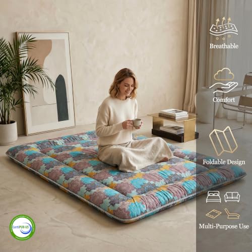 Zelladorra Japanese Floor Mattress, Futon Mattress - color: Aqua Blue Mandala( 4"th + Dust Cover ）, size: Queen (80"L x 60"W)