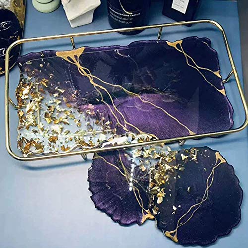 RESINWORLD Set of 2 Size 14‘‘ & 12'' XL Large Serving Tray Silicone Molds Epoxy Resin Geode Tray Mold with Gold & Silver Handles (Rectangle)
