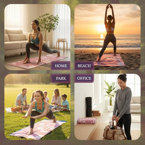 Multipurpose Yoga Mat Towel 72" x 26.5" - Cherry Blossom Design Fitness Towel with Non-Slip Silicone Grip, Quick Drying & Sweat Absorbent for Yoga, Pilates, Gym, Picnic & Outdoor Activities